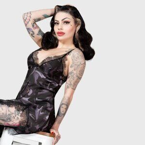 Killstar Midnight Ire Lounge Dress – Black Satin Bat Print Gothic Nightgown M